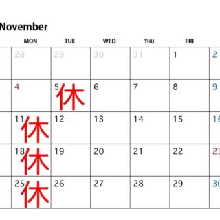 11月の定休日です。祝日の月曜日は営業しています。翌火曜日が…